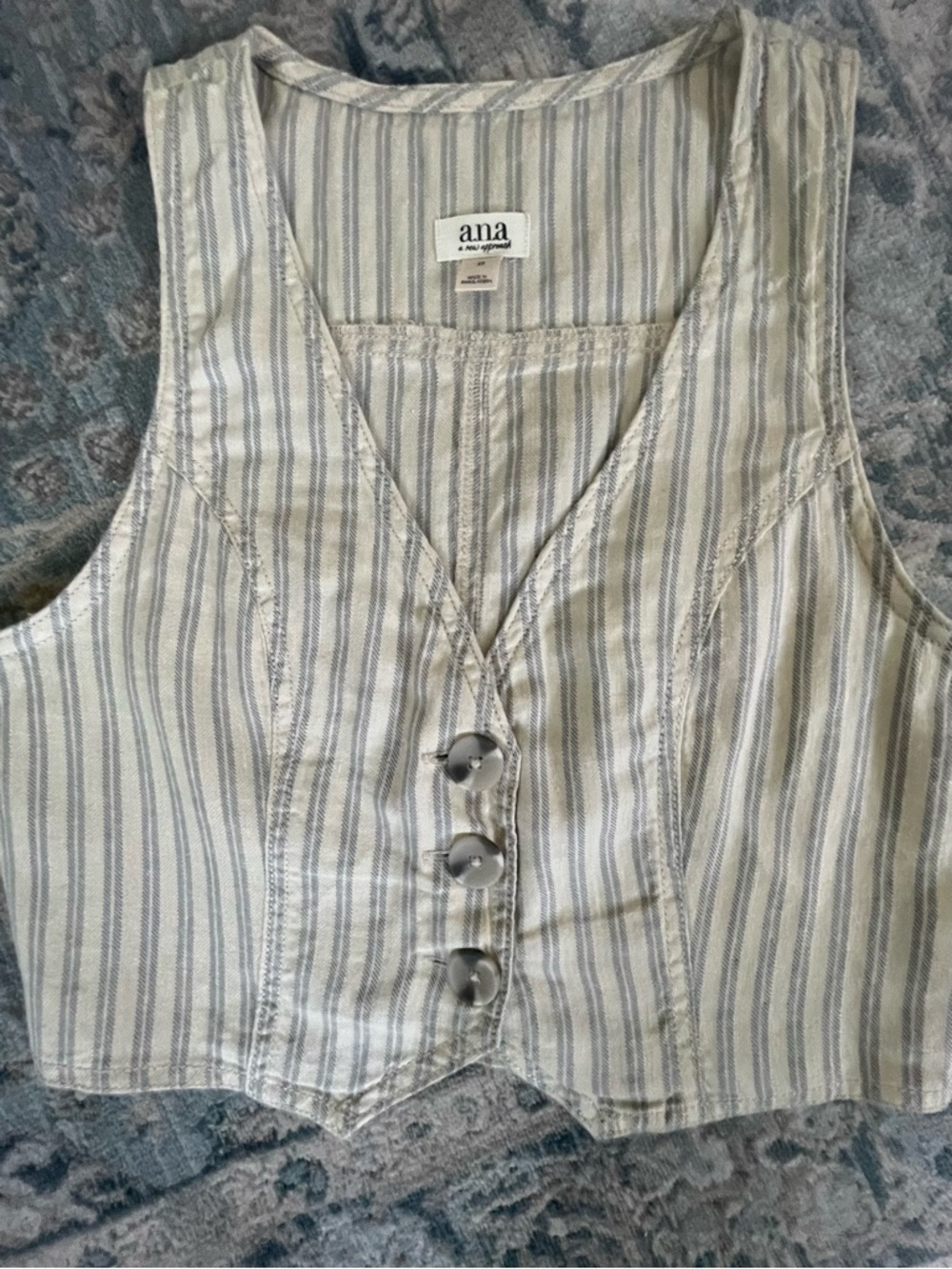 a.n.a Cream and Light Blue Striped Cropped Button Vest